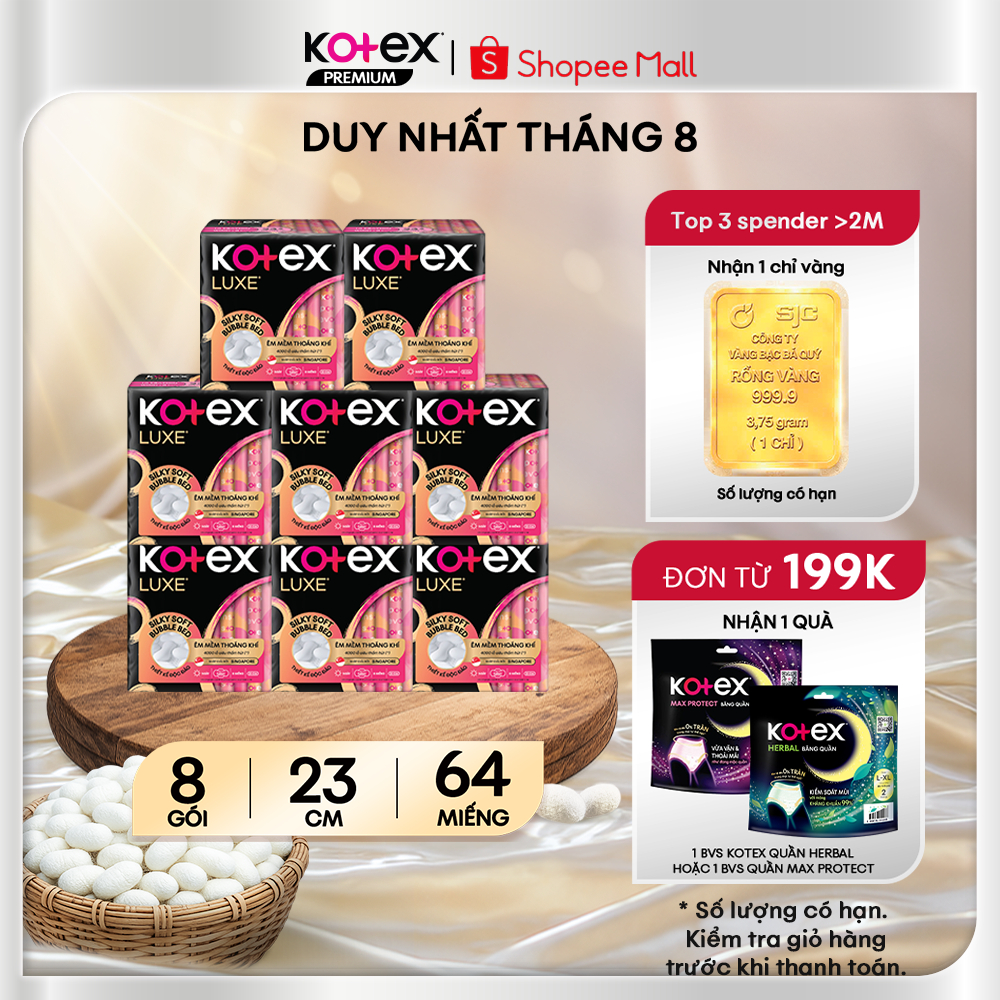 Combo 8 Gói Băng Vệ Sinh Kotex LUXE  Mặt Bông Êm Mềm Dễ Chịu Với  4000 Lỗ Thấm Hút Siêu Tốc 23cm 8 Miếng/Gói