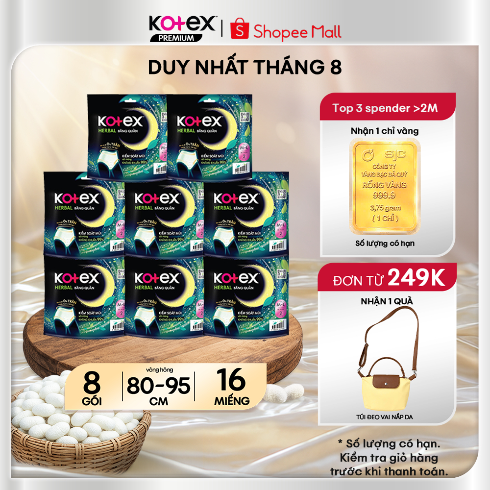 Combo 8 Gói Băng Vệ Sinh Quần Kotex Herbal Ban Đêm Thảo Dược, Kiểm Soát Mùi, Kháng Khuẩn, Chống Tràn Cỡ L/Xl 2 Miếng/Gói