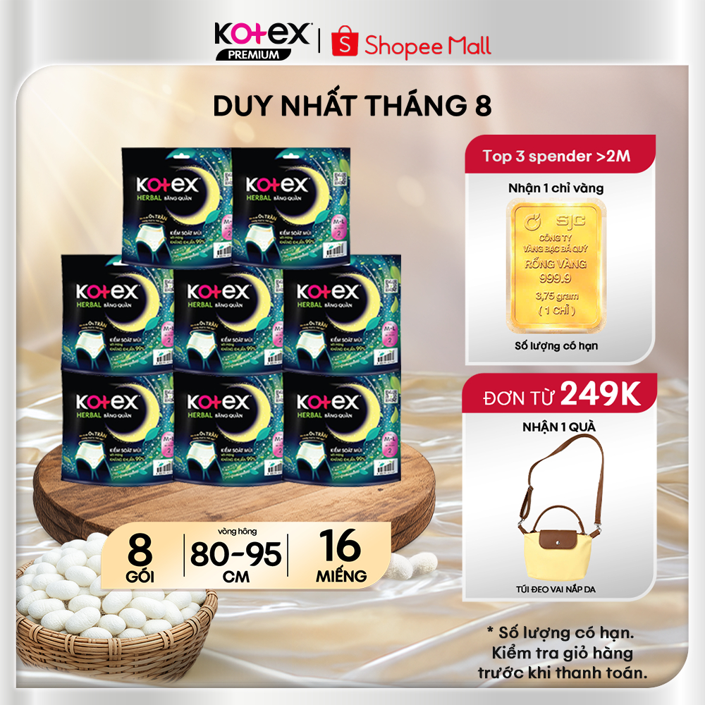 Combo 8 Gói Băng Vệ Sinh Quần Kotex Herbal Ban Đêm Thảo Dược, Kiểm Soát Mùi, Kháng Khuẩn, Chống Tràn Cỡ M/L 2 Miếng/Gói