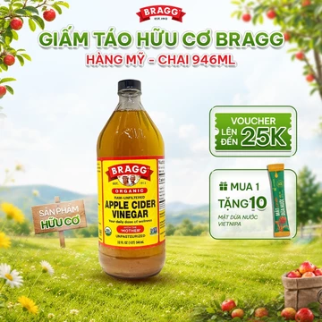 Giấm táo hữu cơ Bragg hàng Mỹ hỗ trợ giảm cân có giấm cái - Chai 946ml