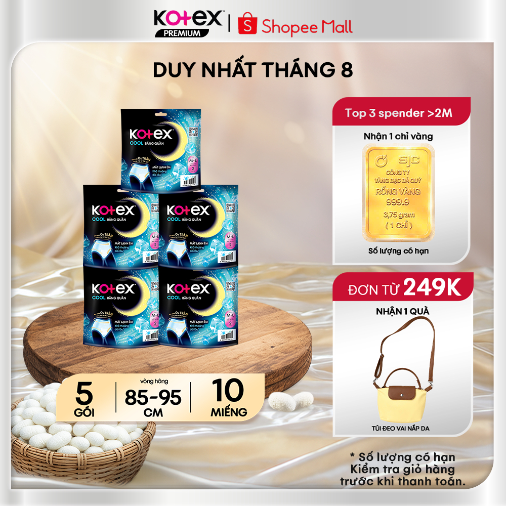 Combo 5 Gói Băng Vệ Sinh Quần Kotex Cool Ban Đêm Mát Lạnh, Siêu Mỏng 0.08cm, Thấm Hút Gấp 2 Lần Cỡ M/L 2 Miếng/Gói