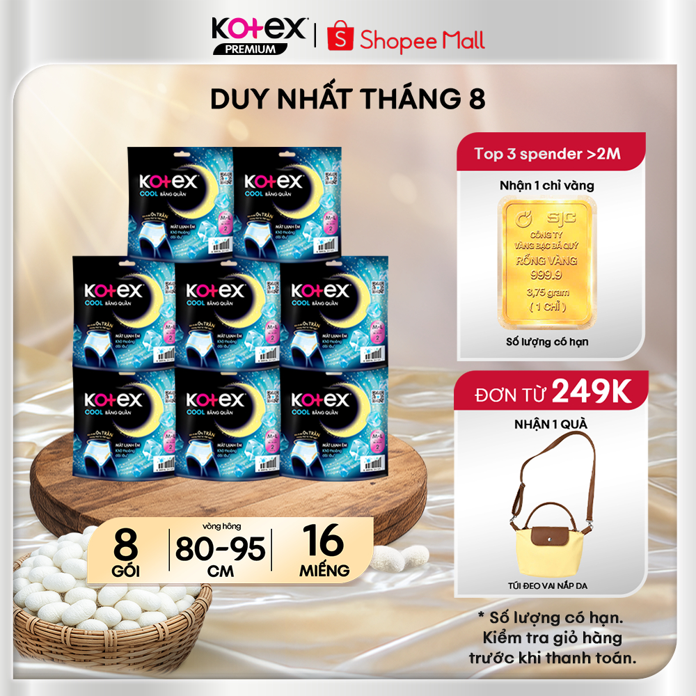 Combo 8 Gói Băng Vệ Sinh Quần Kotex Cool Ban Đêm Mát Lạnh, Siêu Mỏng 0.08cm, Thấm Hút Gấp 2 Lần  Cỡ M/L 2 Miếng/Gói