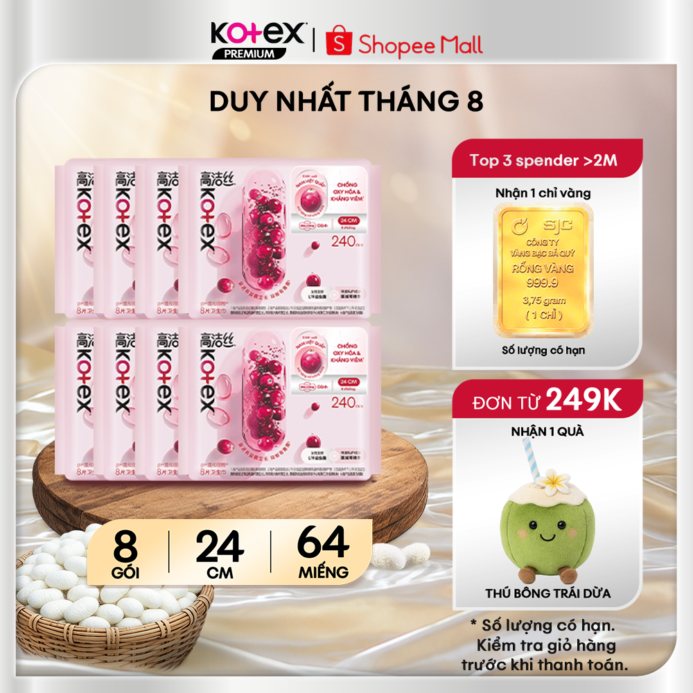 Combo 8 băng vệ sinh Kotex Cranberry Nam Việt Quất Kháng Viêm, Chống Oxy Hóa, Siêu Mỏng Cánh 24cm 8 miếng/gói