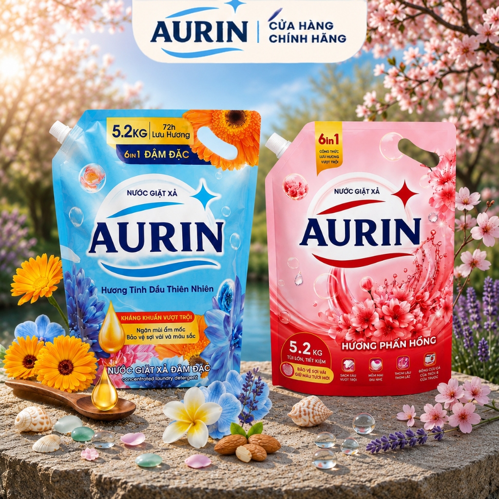 Nước Giặt Xả Lưu Hương AURIN Cao Cấp 5.2Kg Tinh Dầu Thiên Nhiên, Sạch Sâu Thơm Lâu, Bền Màu, Dịu Nhẹ