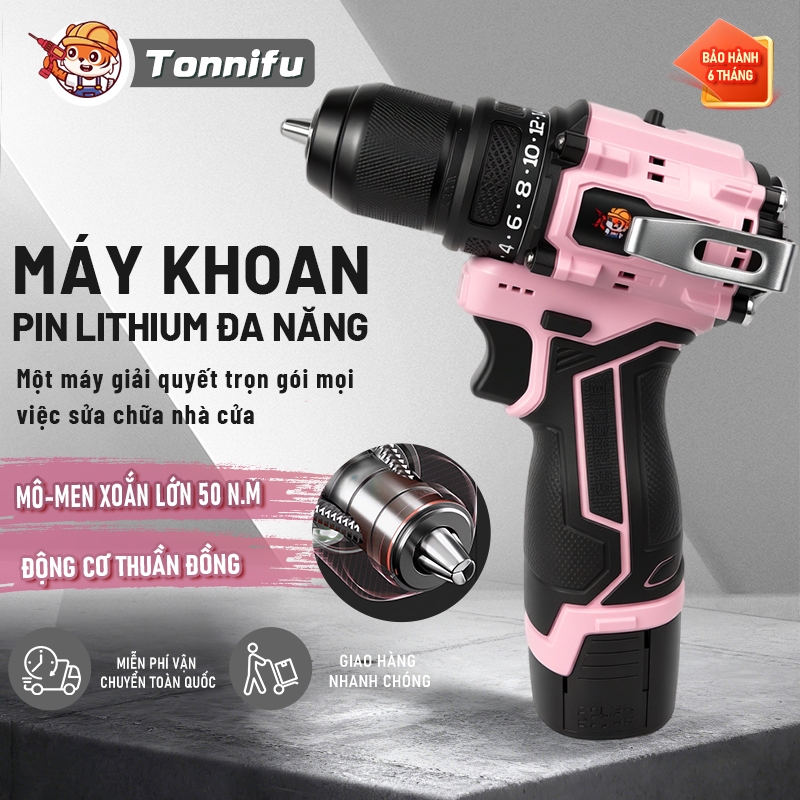 Máy Khoan Cầm Tay 16.8V Tonnifu Lực Siết 50N.m Đầu Kẹp 10mm Khoan Vít 2 Chức Năng Phiên Bản Cool Pink 1801F