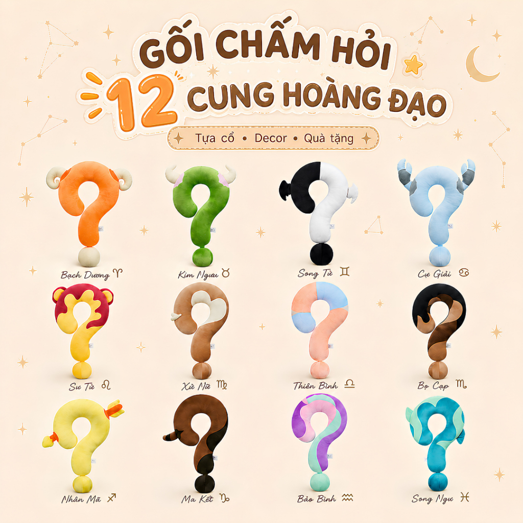 Gối Tựa Cổ Hình "?" 12 Cung Hoàng Đạo Chất Liệu Nỉ Mềm Mại Thoải Mái Dùng Cho Thư Giãn, Du Lịch, Quà Tặng 2u.lifestyle