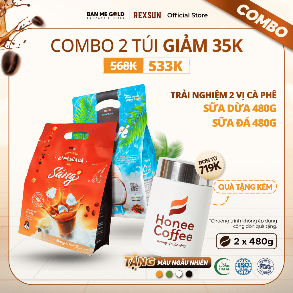 [COMBO] 2 Túi Cà Phê Hòa Tan Sữa Dừa Cocofe & Cafe Sữa Đá (2x480g) Cà Phê Gói Thơm Ngon - Ngọt Dịu Healthy Ban Me Gold