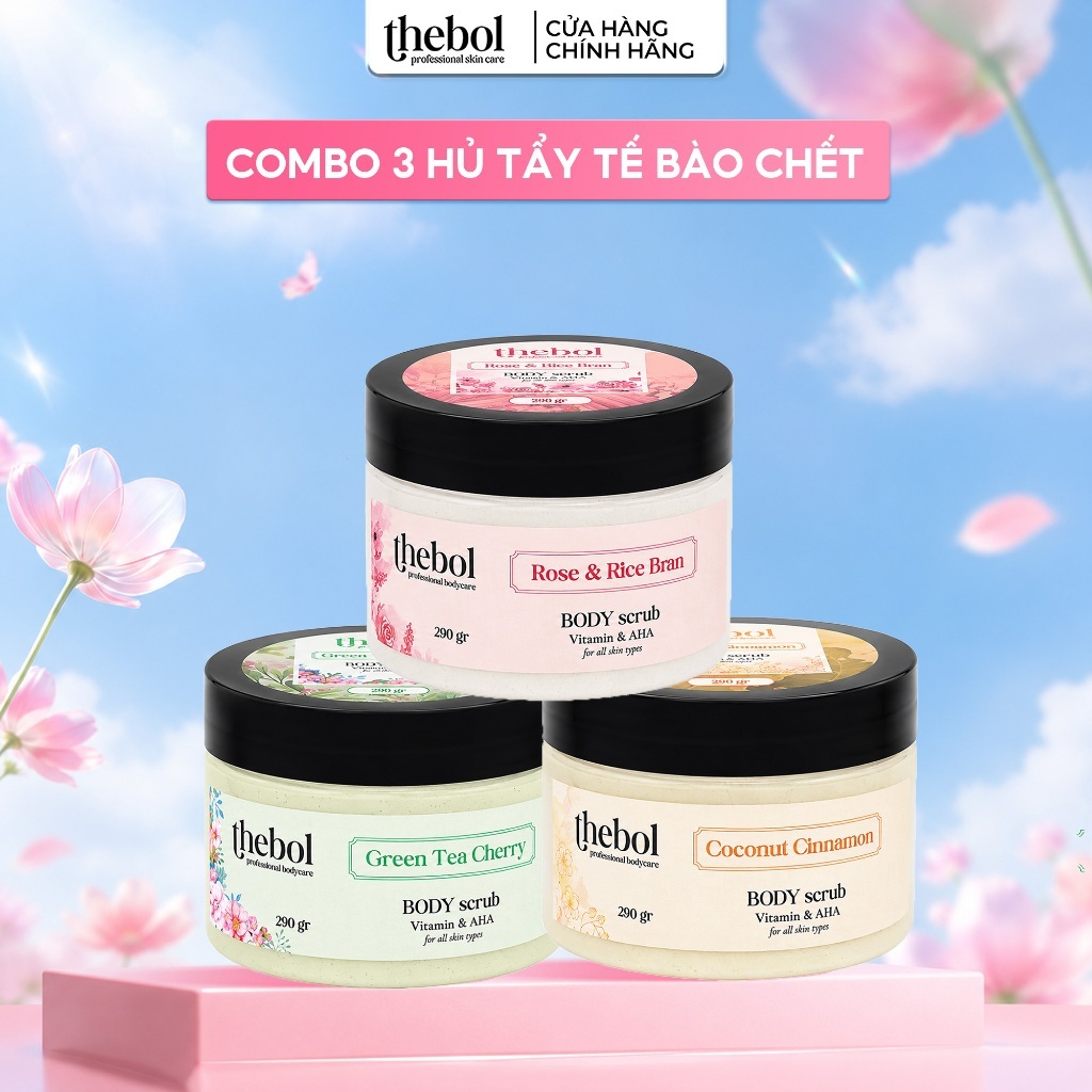 COMBO 3 Hủ Tẩy Tế Bào Chết Body THEBOL hương anh đào & trà xanh dưỡng da mềm mịn 290gr