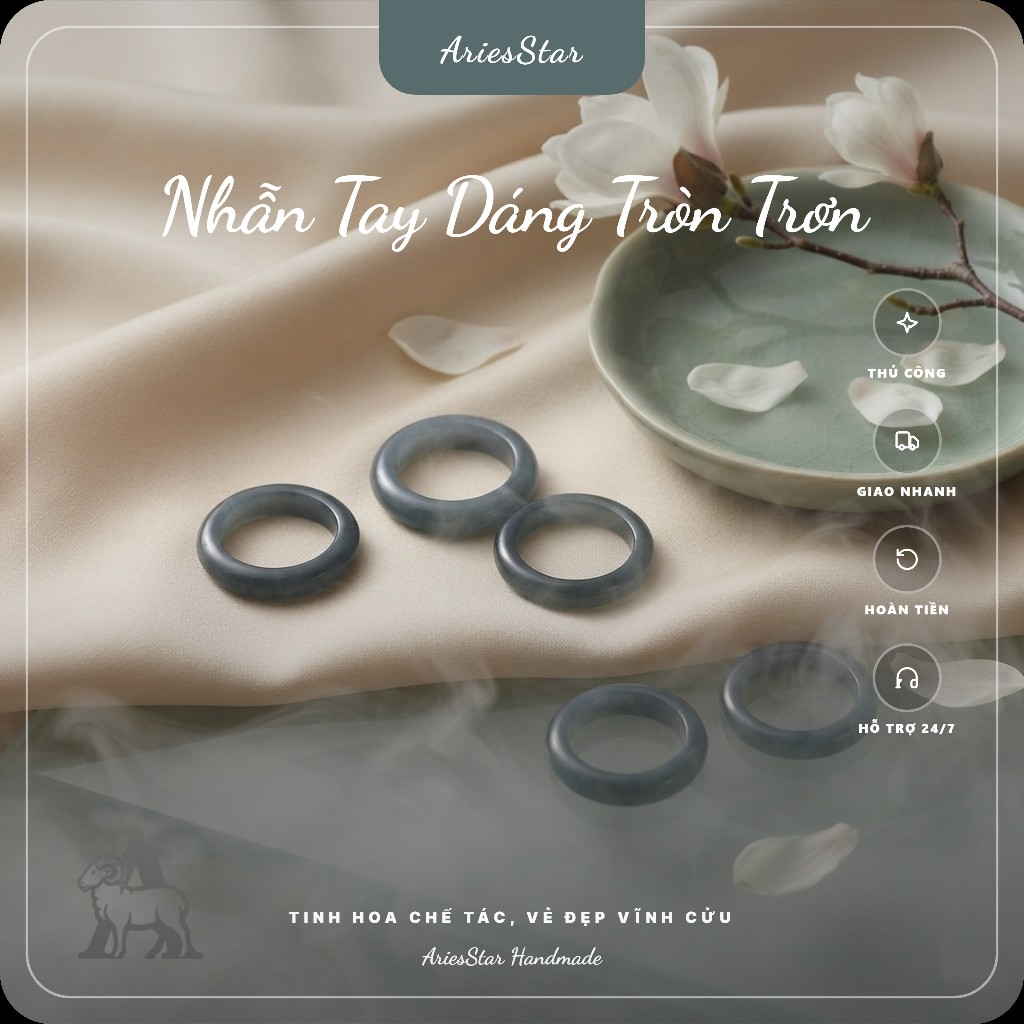 Nhẫn Tay Nhựa Resin Màu Xanh Nhạt - Dáng Tròn Trơn - Hiệu Ứng Giả Ngọc Cẩm Thạch - Phong Cách Cổ Điển - NT023