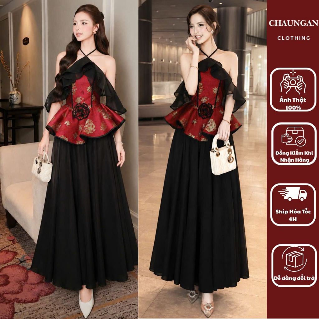 Set Bộ Áo Yếm Gấm Peplum Thêu Hoa Kèm Chân Váy Dài Voan Tơ
