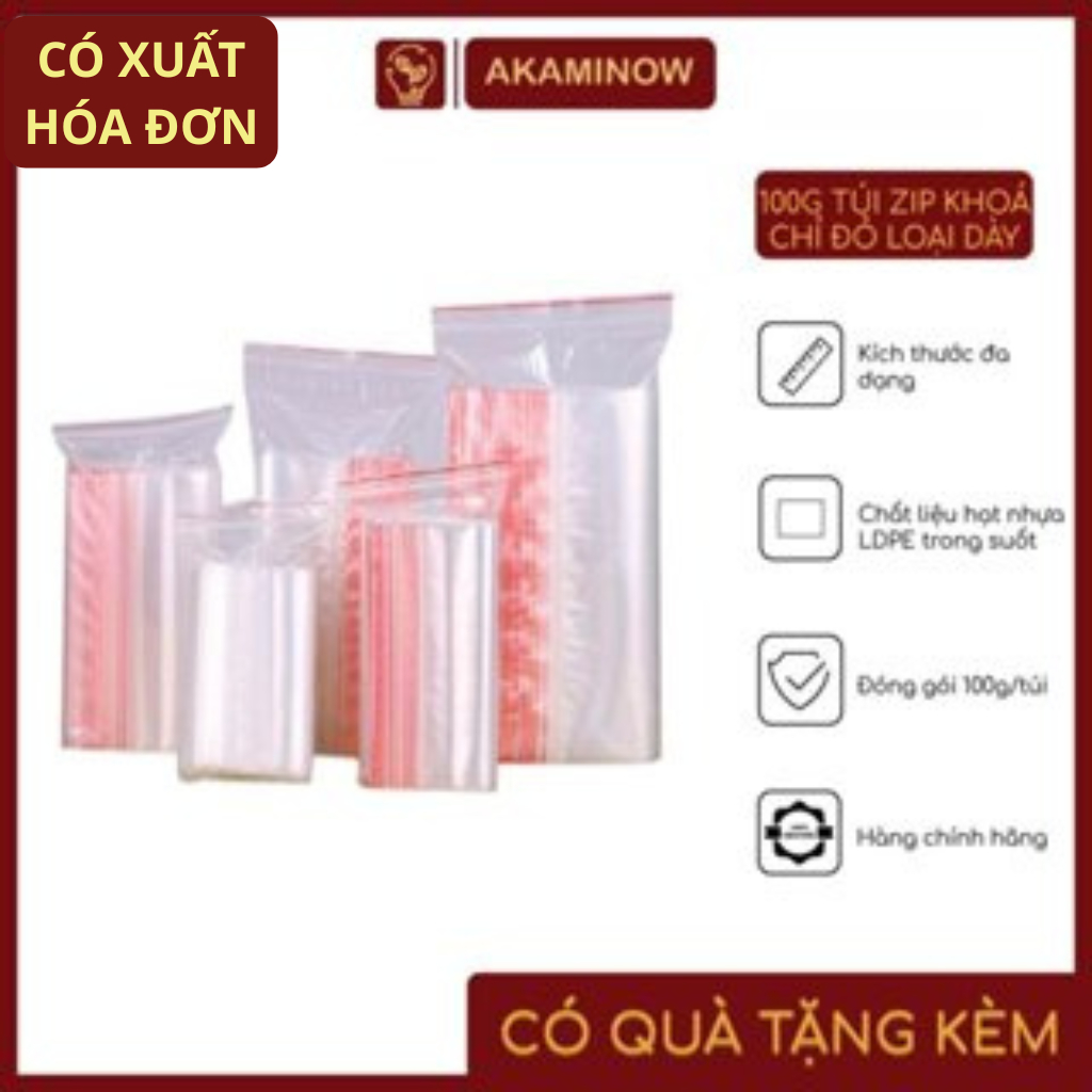 100g Túi zip chỉ đỏ túi khóa zip bấm miệng loại dày hàng có sẵn nhiều kích thước