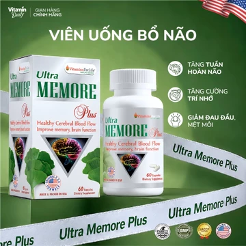 Viên Uống Bổ Não Tăng Cường Trí Nhớ Ultra Memore Plus, Viên Bổ Não Mỹ Chứa Ginko Biloba Tăng Tuần Hoàn Máu Não 60 Viên