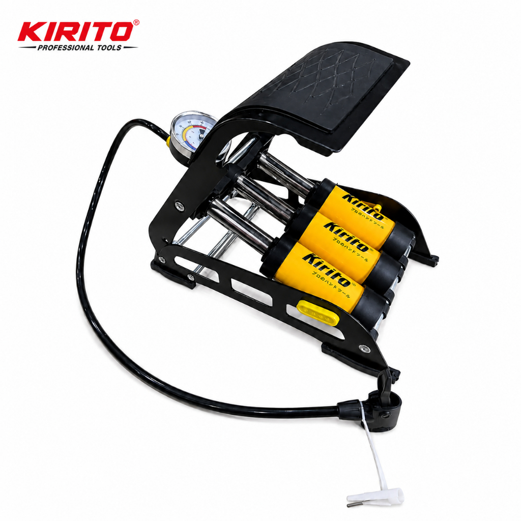 Bơm đạp chân KIRITO 3 ống màu vàng đen với đồng hồ áp suất