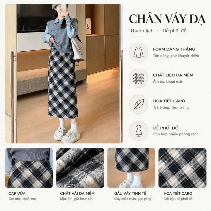 Chân váy dài 💖𝑪𝒐́ 𝒒𝒖𝒂̀ 𝒕𝒂̣̆𝒏𝒈💖 Chân váy kẻ caro chất dạ 2 lớp phong cách Hàn Quốc siêu xinh, chân váy nữ - CV06