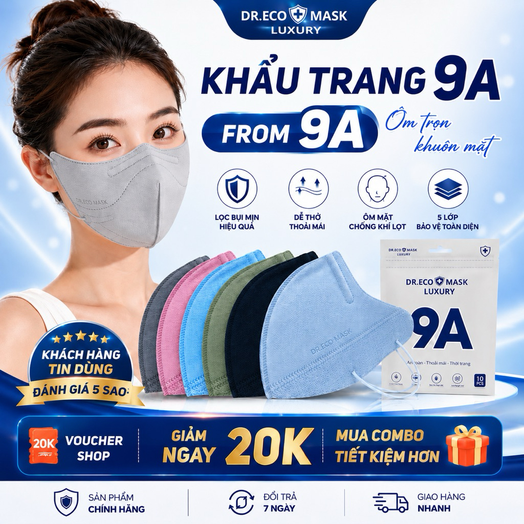 Thùng 300-100 cái Khẩu Trang 9A Dr.ECO Chống Nắng kín mặt và Tia Uv,5 Lớp Dầy Dặn,Khẩu Trang Đi Nắng