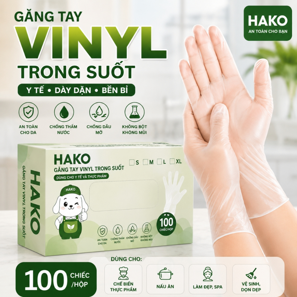 Găng Tay Trong Suốt HAKO Vinyl Không Bột Không Mùi – Găng Tay Nấu Ăn Thực Phẩm 100 Chiếc