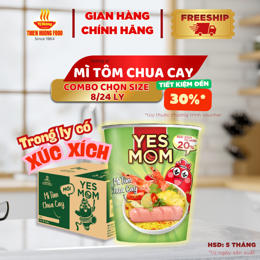 CÓ XÚC XÍCH TRONG LY – Mì ly Tôm Chua Cay Yes Mom –  8ly/24 ly x 79.2gram/ly