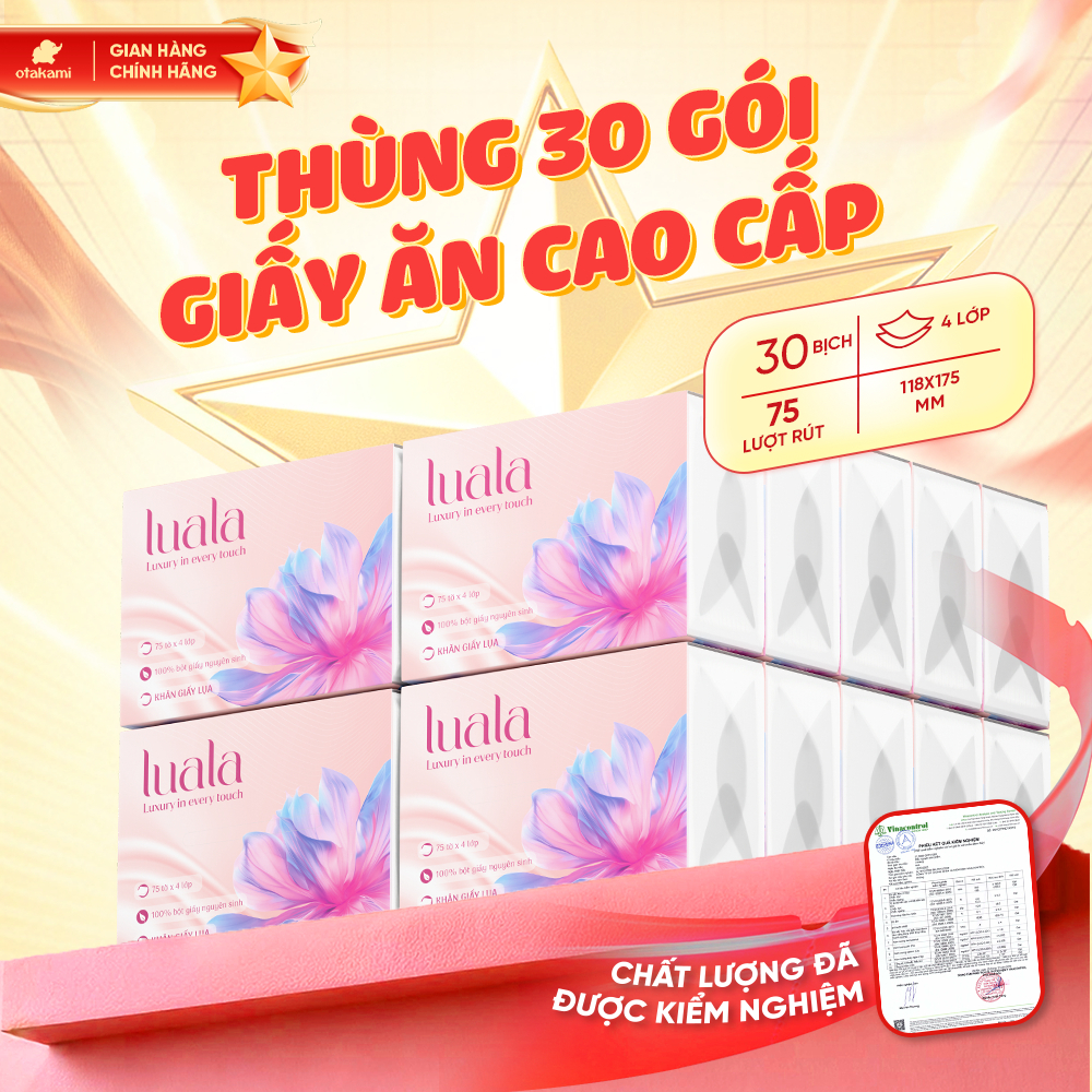 Thùng 30 gói khăn giấy ăn cao cấp LUALA 4 lớp, giấy ăn rút mềm mại siêu dai không chất tẩy trắng