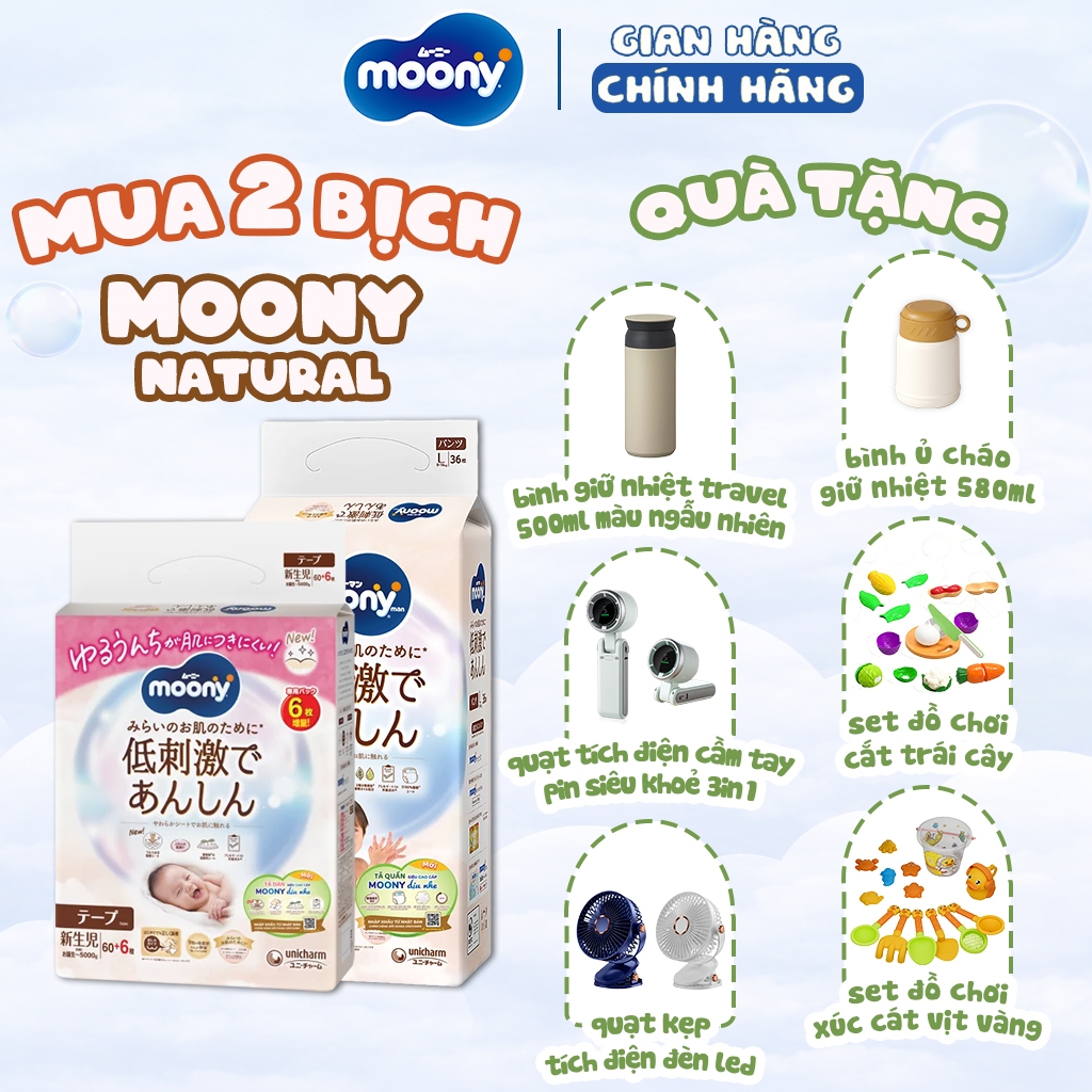 [KÈM QUÀ] 2 BỊCH Tã/Bỉm Moony Dịu Nhẹ NB66/S60/M46/L38 - M46/L36/XL32 | Nhập Khẩu Nhật Bản