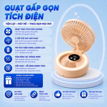 Quạt Gấp Gọn Tích Điện, Tích Hợp Gương, Quạt Để Bàn, Treo Tường Không dây, Đèn Ngủ, Có 5 Mức Điều Chỉnh Gió