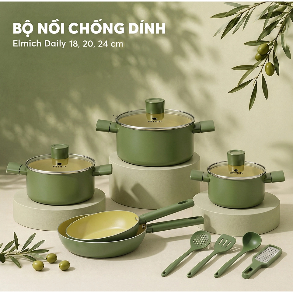 Bộ nồi chảo chống dính Elmich Daily 12 món size 18,20,24 chảo 20, 26cm - Kèm bộ dụng cụ
