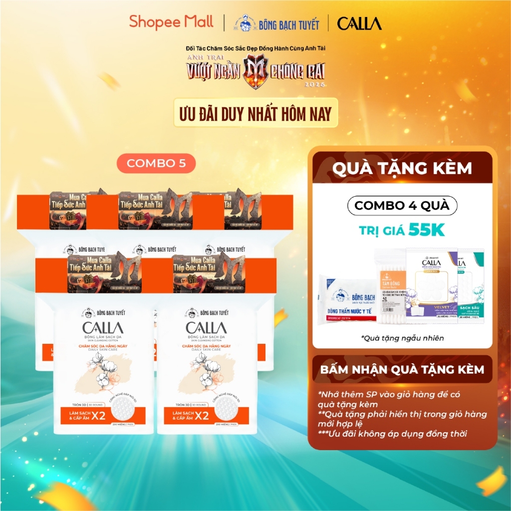 [MỚI - TÚI ZIP] Combo 5 Bông tẩy trang làm sạch da Bông Bạch Tuyết Calla tròn 3D 200 miếng/gói