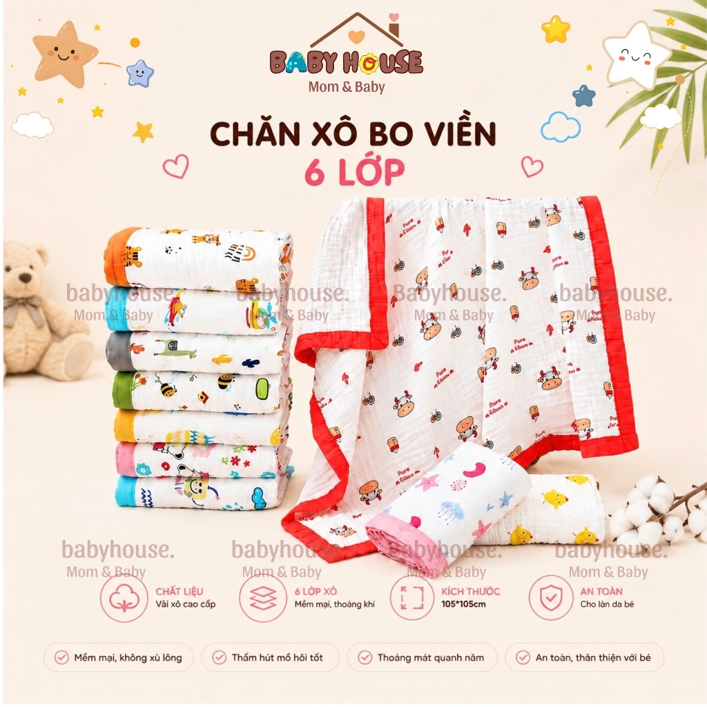 Chăn Xô Bo Viền 6 Lớp Baby House - Khăn Tắm, Chăn Đắp Xô, Mềm Mại, Thoáng Khí Cho Bé (110x110cm)