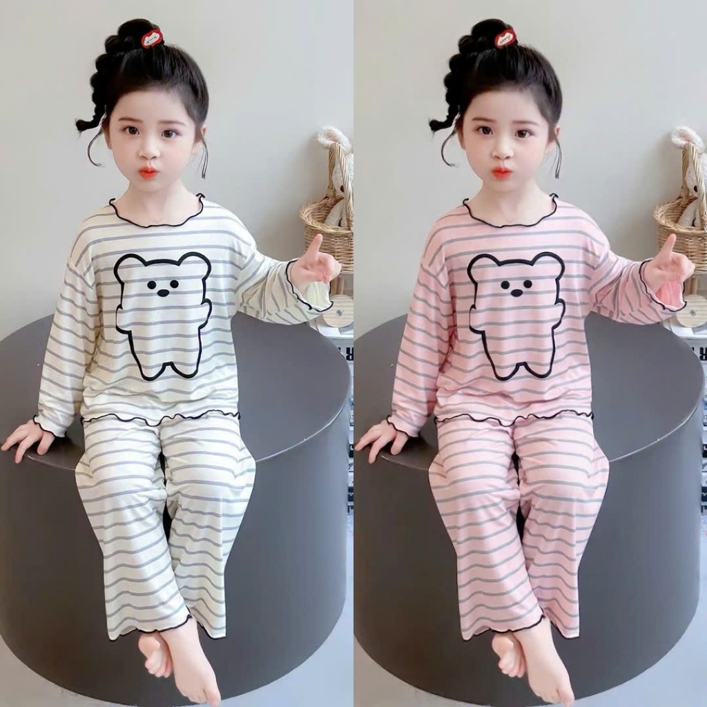 BỘ ĐỒ NGỦ TRẺ EM KẺ SỌC PHỐI HÌNH GẤU – DÁNG RỘNG ĐÁNG YÊU Size 9-35Kg ĐT32
