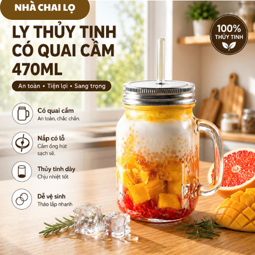 Ly Thủy Tinh Có Quai Nắp Đậy 470Ml Có Lỗ Cắm Ống Hút & Quai Cầm Vuông Dày Nặng - Cốc Trà Sữa Cafe Cà Phê Hàng Nhập