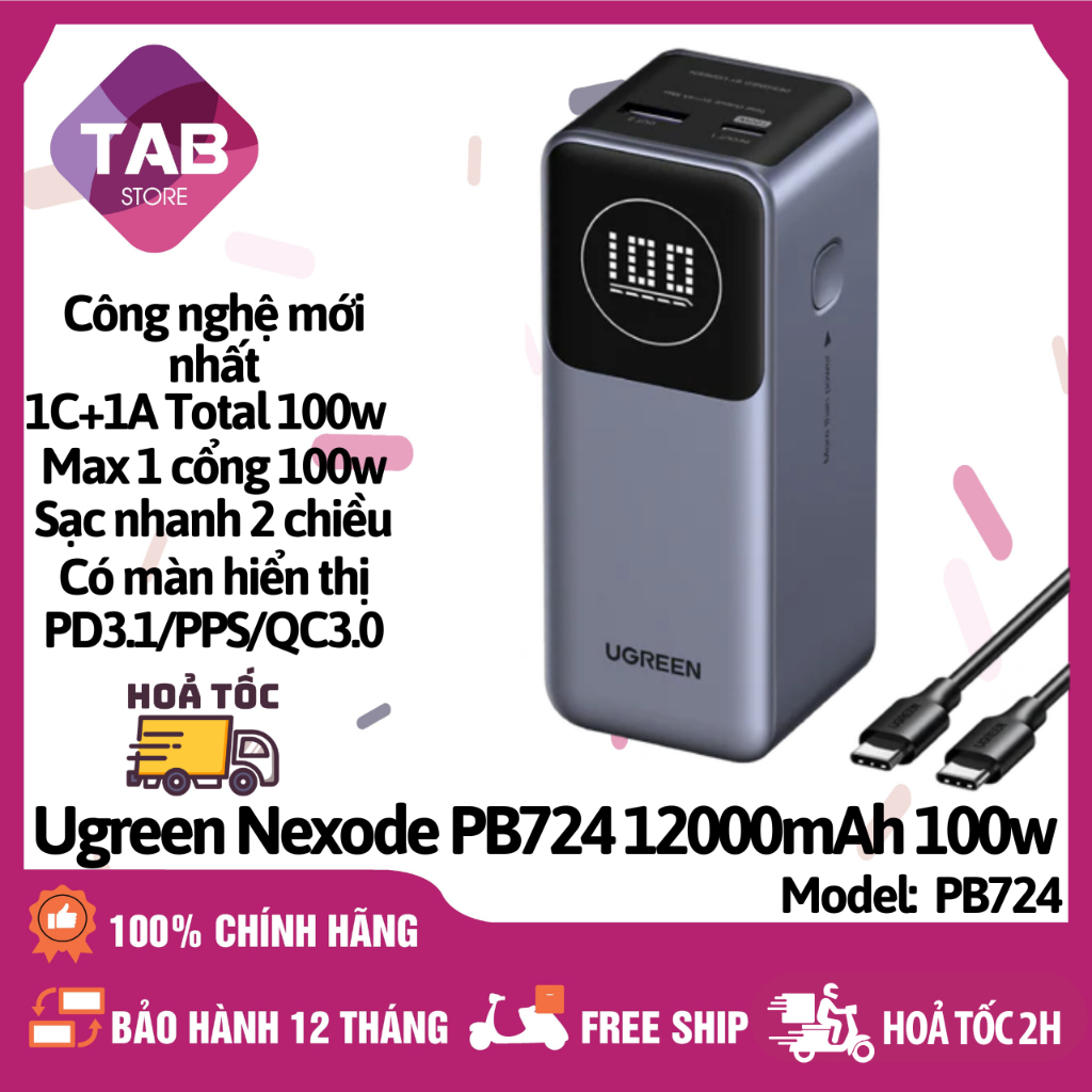 UGREEN Nexode PB724 12000mAh 100W 2 Cổng Có Màn - Bảo Hành 12 T | BigBuy360 - bigbuy360.vn