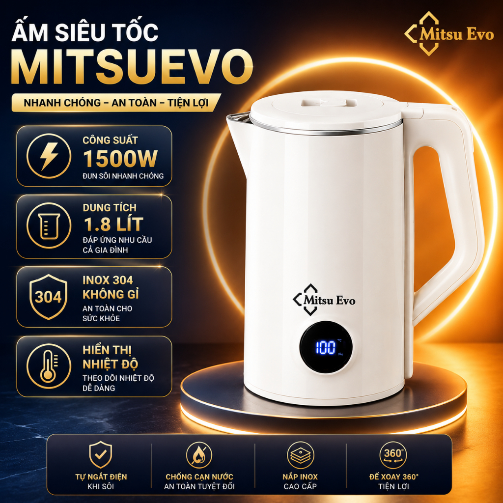 Ấm Siêu Tốc MitsuEvo ,Bear Dung Tích 1.5 Lít Sông Suất 1500W Sôi Siêu Nhanh Chống Bỏng Giữ Nhiệt