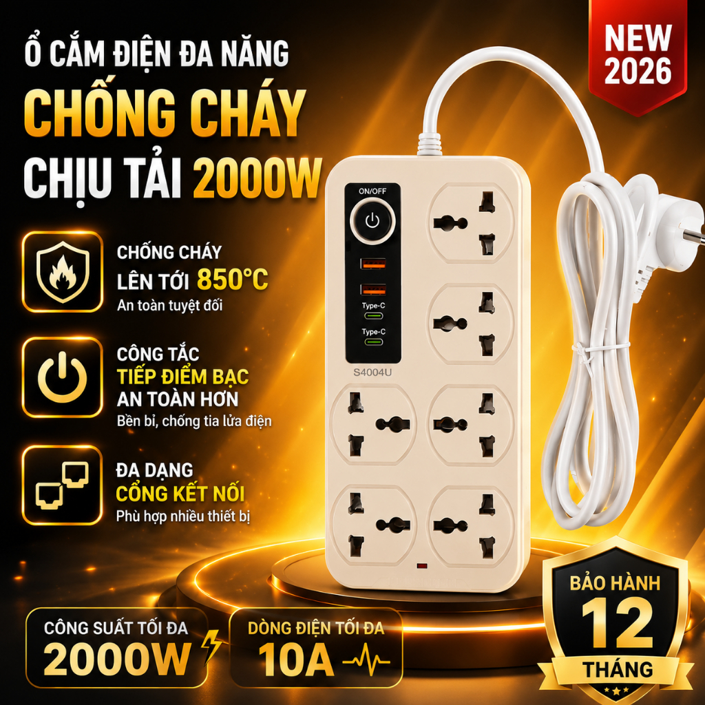 Ổ Cắm Điện Chống Cháy 6 Ổ Tích Hợp 2 Cổng USB 2 TYPE-C Sạc Nhanh Chịu Tải 2000W Chịu Nhiệt 850 Độ C