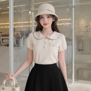 Áo thun nữ Twentyfive dáng ôm cổ sen tay bồng túi đính nơ nữ tính tiểu thư AM65
