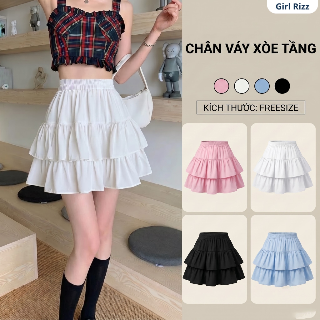 Chân Váy Xòe Tầng Dáng Ngắn Cạp Chun GIRLRIZZ Freesize Phong Cách Hàn Quốc Dễ Phối Đồ CV005B