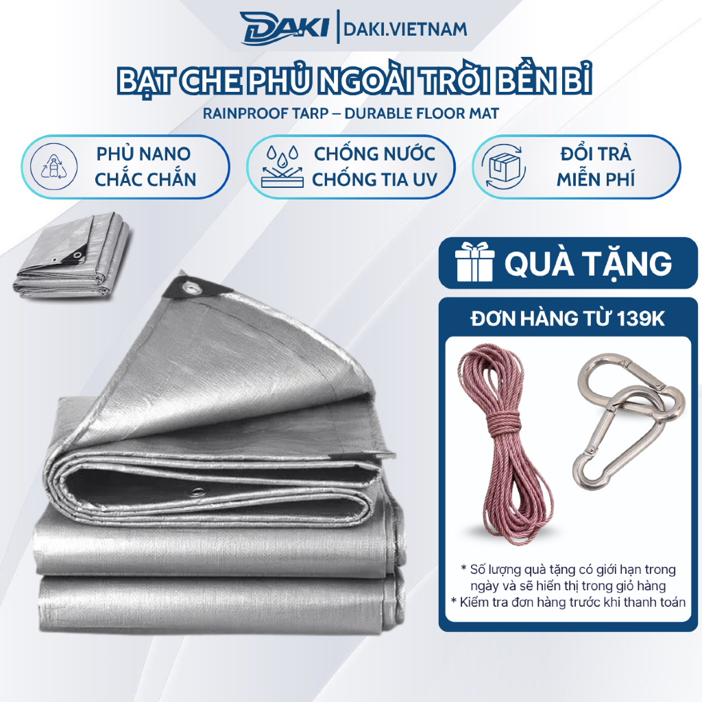 Bạt Che Mưa Nắng DAKI, Che Ô Tô Hiên Nhà, Lót Sàn, Phủ Hàng Quán, May Viền Đóng Khoen Sẵn, Đa Năng