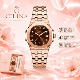 Đồng hồ nữ B297 Cilina dây thép đúc đặc mạ vàng hồng, mặt nâu Cafe, đồng hồ chống nước, mặt chống xước