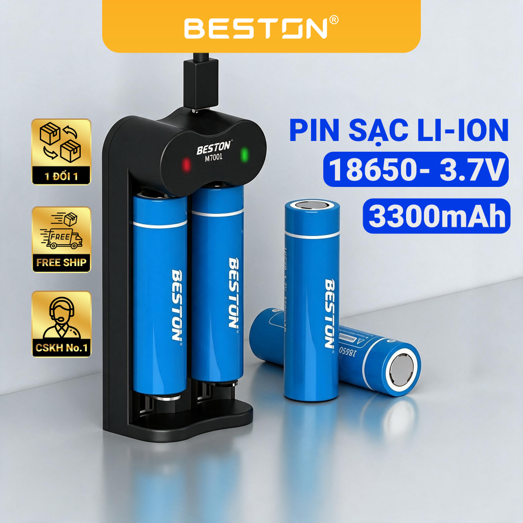 Pin Sạc 18650 3.7V Beston Dung Lượng Thực đến 3300mAh (Đầu nhọn, đầu bằng) , dùng cho đèn pin, tông đơ