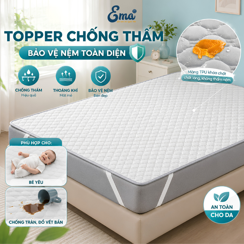 Topper bảo vệ đệm chống thấm TPU EMA | Tấm lót nệm chống nước 100% | Êm ái thoáng khí