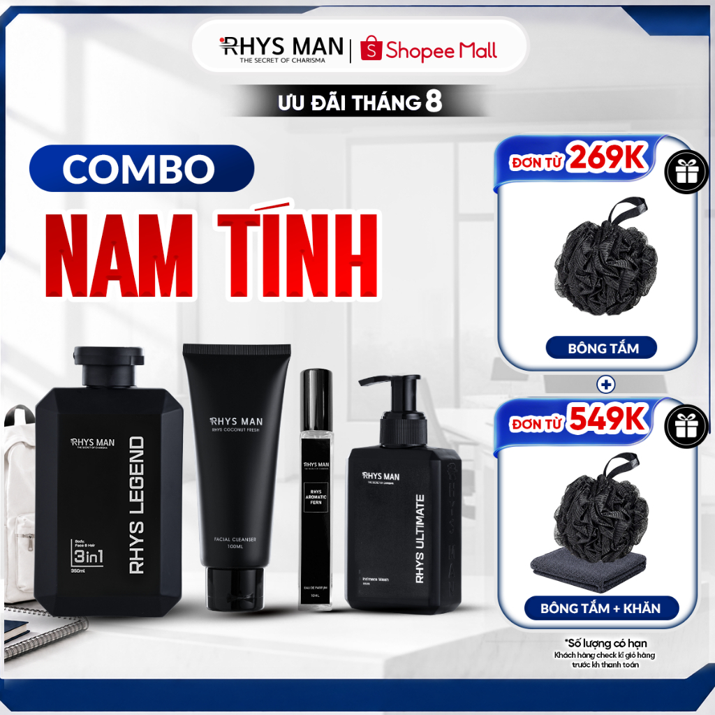 Combo Sữa tắm gội nam 3in1 350ml & Sữa rửa mặt 100ml & Dung dịch vệ sinh 120ml & Nước hoa 10ml Rhys Man – Combo Nam Tính