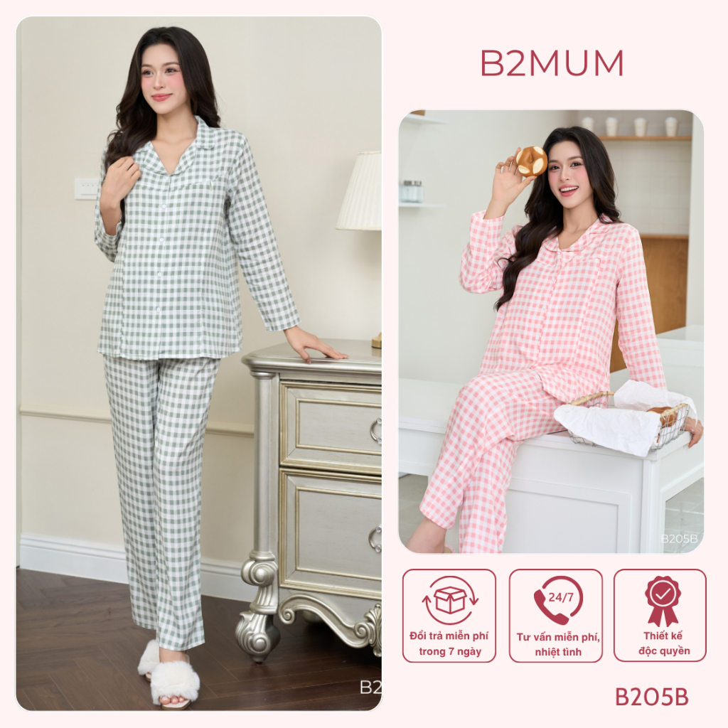 [B2MUM] Bộ ngủ bầu kẻ caro chất mềm mại khóa dọc ti tiện lợi cho bé ti cho mẹ bầu và sau sinh B205B