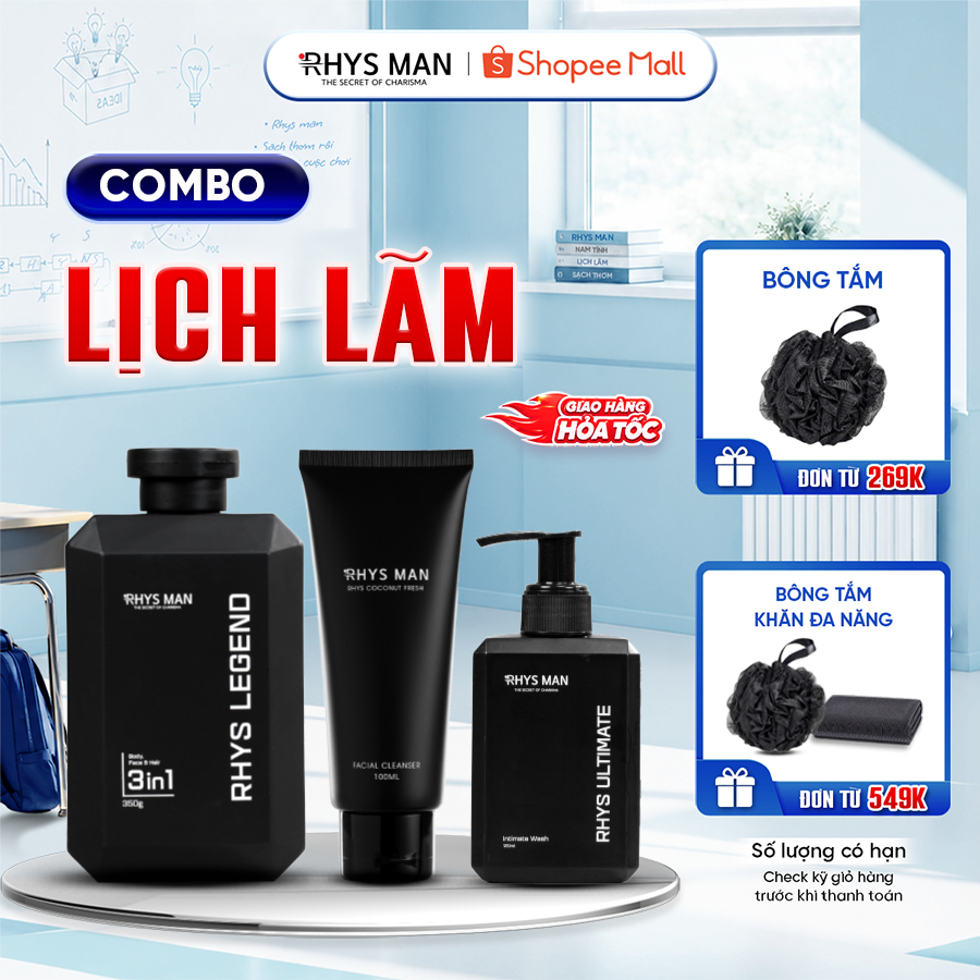 Bộ Quà Tặng Nam – Sữa tắm gội nam 350 ml & Sữa rửa mặt nam 100ml & Dung dịch vệ sinh 120ml RHYS MAN