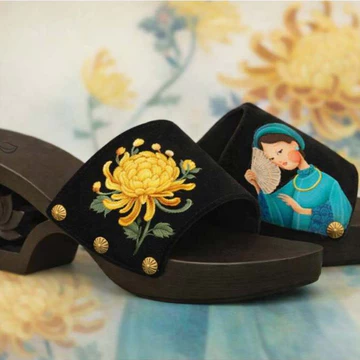 Guốc mộc Mẫu Nghi, guốc mộc gót sen 7cm, thêu tay thiếu nữ bên hoa cúc, guốc mộc tái sinh AmReborn