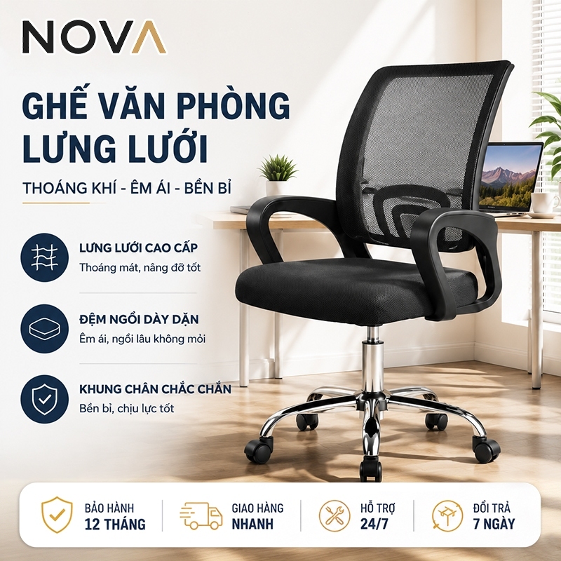 Ghế văn phòng công thái học NOVA, ghế lưới cao cấp, đệm dày êm ái, xoay 360°, chân chắc chắn | BigBuy360 - bigbuy360.vn