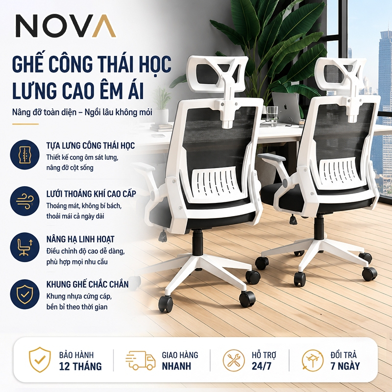 Ghế công thái học NOVA, ghế văn phòng lưng lưới cao cấp, nâng đỡ cột sống, xoay 360° | BigBuy360 - bigbuy360.vn