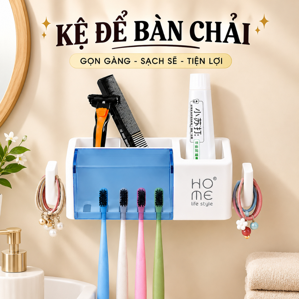Kệ Để Bàn Chải, Kem Đánh Răng E2 Home Có Nắp Đậy Chống Bụi Có Móc Treo Ly Dán Tường- Kệ Để Đồ Phòng Tắm