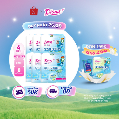 Bộ 6 gói băng vệ sinh Diana SenSi Cool Fresh siêu mỏng cánh gói 8 miếng