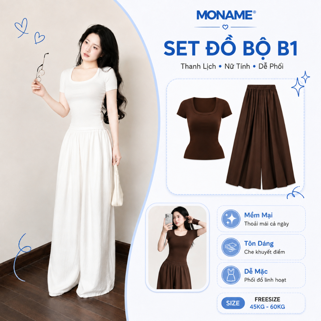 Set Bộ Đồ Nữ Áo Thun Cổ Vuông Ôm , Quần Dài Đũi Tơ Ống Rộng Mặc Hè Thoáng Mát Đi Biển B1 | BigBuy360 - bigbuy360.vn