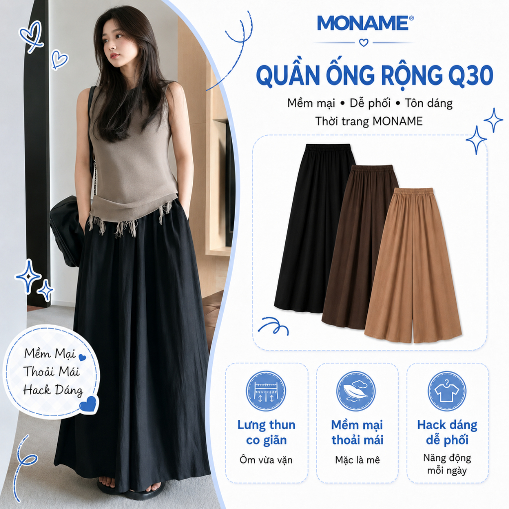 Quần Nữ Ống Rộng Lưng Chun , Chất Liệu Vải Đũi Tơ Thoáng Mát Nữ Women Freesize 40-70kg MONAME Q30