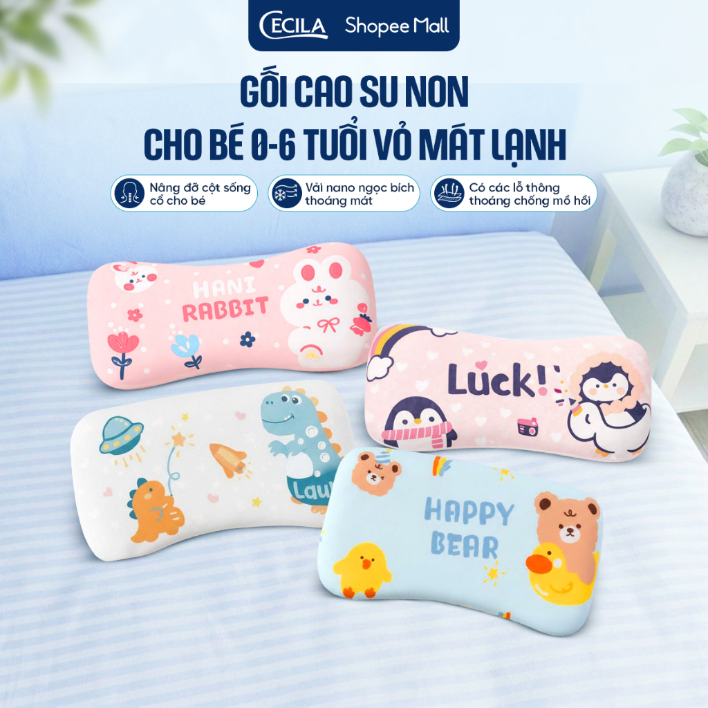 Gối cao su non cho bé 0-1-2-3-4-5-6 tuổi CECILA  thiết kế đục lỗ chống méo đầu, vỏ mát lạnh giúp bé ngủ ngon