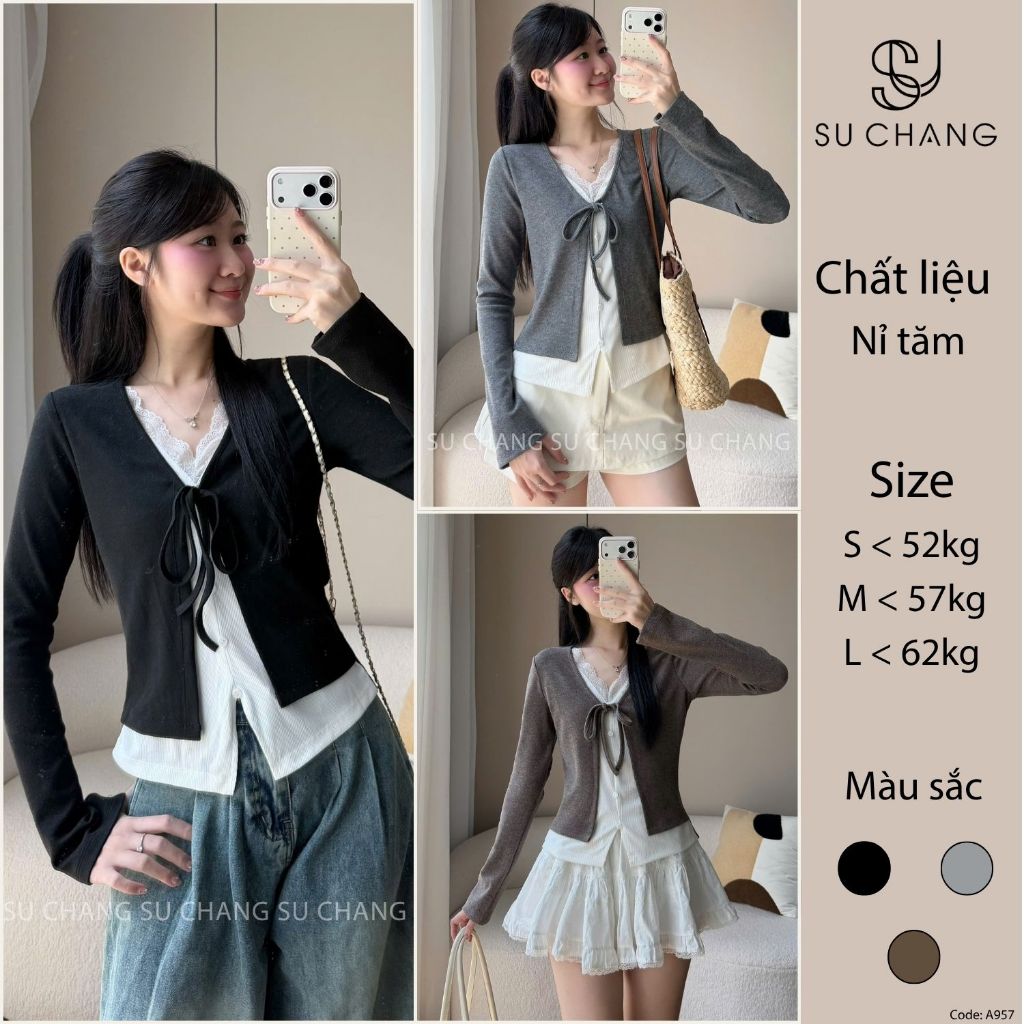 Áo Nỉ Tăm Lông Thỏ Dài Tay 2 Lớp Phối Ren A957 Su Chang Thời Trang Nữ
